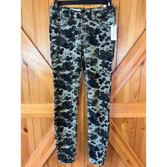 Anthropologie Pilcro Corduroy Pants Green Floral Button Fly High Rise Skinny 25 - Picture 1 of 10